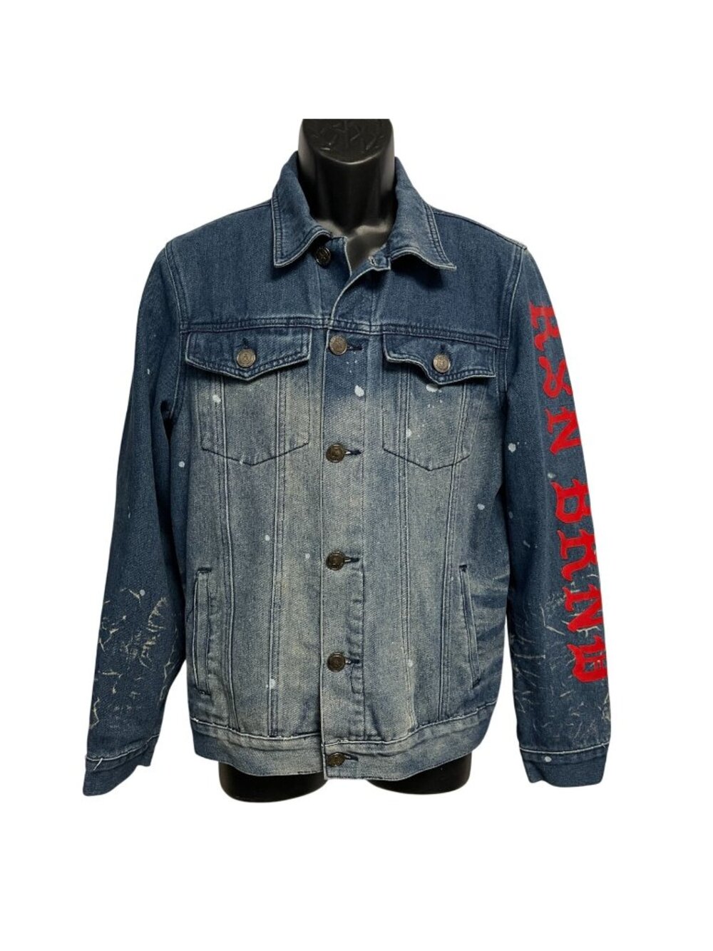 Reason Denim Jean Jacket Distressed Bleached Print Graphics Size Medium